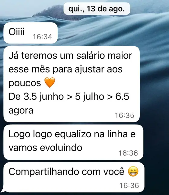 Mensagem de cliente acompanhando a própria renda subir ao longo de tres meses