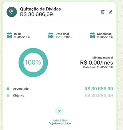 Objetivo de quitacao de divida concluido em 100% dentro do S1NC